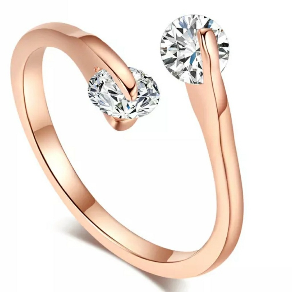 Rose Gold Double Diamond Adjustable Open Ring - Picture 3 of 8